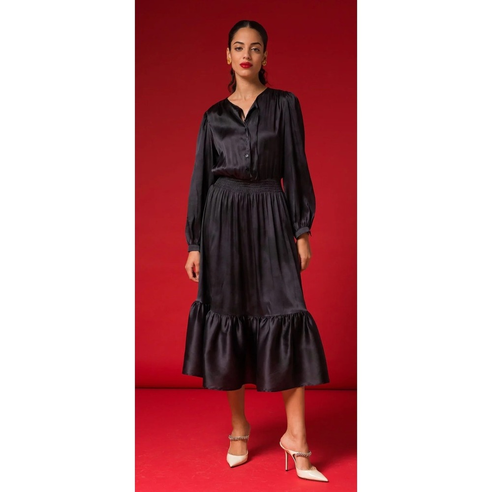Tucker NYC Juliette Silk Dress Small Black Micro Polka Dot Stretch Charmeuse